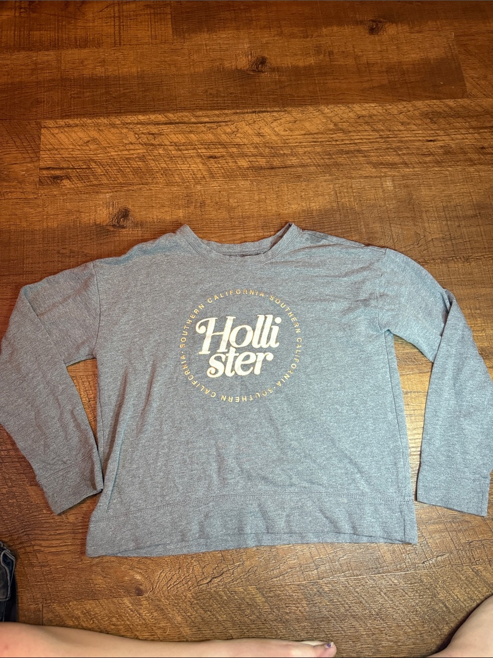 Hollister Heather Gray Long-Sleeve Logo Tee with Gold Print